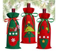 Bolsas de vino de Navidad - Flet Christmas Wine Bottle Dress Up | Funda para botella de vino para Navidad con cordón para botellas de vino, chocolates, dulces, galletas, 3 unidades, 1 count (Pack of