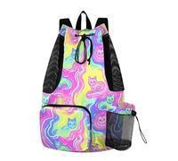 Bolsas deportivas con cordón para hombre, bolsa de gimnasio con bolsillo para botella de agua, paquete trasero de cuerda, separación húmeda y seca, arte de olas misteriosas moradas, gato