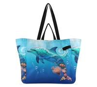 Bolsas grandes de lona de moda, bolsas de comestibles de cocina, bolsa grande para mujeres, viajes, compras, fin de semana, paisaje de delfines subacuáticos, collage de animales