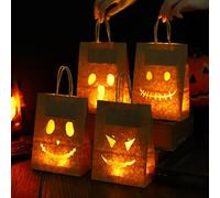 Bolsas luminarias de Halloween de 4 piezas, bolsas de vela resistentes a las llamas, Jack-o '-Lantern Tea Light Candle Holders Pumpkin Grimace Patterns para Halloween Home Outdoor Party Decoration
