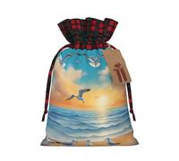 Bolsas navideñas con cordón ajustable y estampado floral, ideales para cumpleaños y fiestas navideñas. Diseño con gaviotas junto al mar.