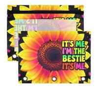 Bolsas para carpetas, 3 anillas, 2 bolsas de almacenamiento transparentes impermeables con ventana, organizador de papelería de regreso a clases, It's Me Hi I'm The Bestie It's Me Groovy Girasol Tie