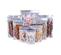 bolsas para chuches 100Pcs Clear Silver Zip Lock Stand Up Bag Self Grip Seal Tear Notch Doypack Food Dry Meat Coffee Bean Chocolate Candy Package(26x38cm)