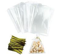 Bolsas Para Chuches, 200 Pieza Bolsas Celofan Transparente, 15 x 20cm Bolsas Transparentes Para Regalos, Con 200 Bridas Para Cables de Oro, Bolsas de Chuches Para Hornear Galleta Piruletas Regalos
