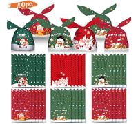 Bolsas para envolver dulces de Navidad, 100 bolsas de golosinas de orejas de conejo de Navidad, 6 diseños, bonitas bolsas de plástico pequeñas para dulces de conejo, bolsas de aperitivos de Navidad