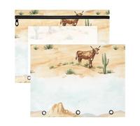 Bolsas para lápices, adorable perforadora de 3 agujeros para carpeta de 3 anillos, paquete de 2 suministros para el aula del profesor, vaca occidental, cactus, desierto vasto