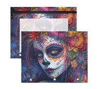 Bolsas para lápices con 3 ojales reforzados, bolsillo de 3 anillos para carta de papel A4, paquete de 2 suministros escolares para estudiantes, día de los muertos, calavera mexicana de azúcar
