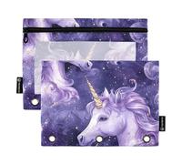 Bolsas para lápices con ventana transparente de dibujos animados de unicornios morados, grandes y resistentes, bolsillos grandes y resistentes, 3 agujeros perforados para aula, escuela, suministros de