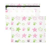 Bolsas para lápices portátiles con 3 anillas para carpetas de 3 anillos, paquete de 2 suministros universitarios para estudiantes, dibujos animados, lindo gato, huella verde, estrellas rosadas