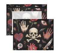 Bolsas resistentes con 3 anillas para carpetas de 3 anillos, paquete de 2 suministros para el aula para profesores, suministros para el aula de miedo, gótico, rojo, rosa, calavera, cartuchera para