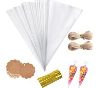 Bolsas Transparentes de Caramelos, 200 Bolsas de Polipropileno Bolsas para Chuches Cumpleaños - Set Completo con Conos y Etiquetas DIY para Regalos Únicos y Personalizados