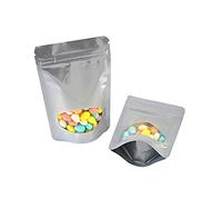 Bolsas ziploc, El papel de aluminio que se puede volver a sellar levanta los bolsos Mylar la cerradura cremallera con ventana clara redonda for el caramelo del café bocado(Silver,6.3x9.4+1.6 Inch)