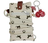 Bolsito Bandolera Artesanal con Estampado de Caballos + Llavero Flamenco España | Ideal para Móvil y Llaves | Hecho en Ubrique | Accesorio Tradicional y Práctico (Blanco)