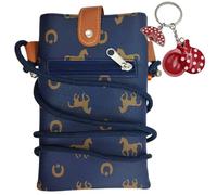 Bolsito Bandolera Artesanal con Estampado de Caballos + Llavero Flamenco España | Ideal para Móvil y Llaves | Hecho en Ubrique | Accesorio Tradicional y Práctico (Azul)