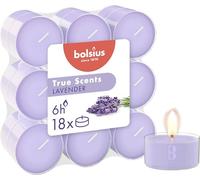 Bolsius - 18 Velas de té perfumadas - Lavanda - Larga duración de combustión de 6 horas - Diámetro 39 mm - Extractos naturales - Cera vegana - Sin aceite de palma