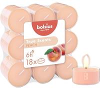 Bolsius - 18 Velas de té perfumadas - Melocotón - Larga duración de combustión de 6 horas - Diámetro 39 mm - Extractos naturales - Cera vegana - Sin aceite de palma