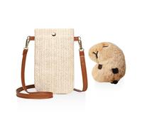 Bolso Bandolera Blanco con Cierre Magnético, Colgante de Capibara, Correa Larga - Tejido Vertical para Teléfono, Lateral para Mujer