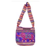 Bolso bandolera bohemio con diseño de elefante, espejo bordado, color morado, multicolor, correa de algodón a rayas
