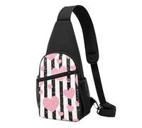 Bolso bandolera, bolso cruzado en el pecho, bolso en diagonal para viajes, senderismo, pecho, mochila, cinturón, unisex,Corazón Romántico Raya De Lentejuelas De Oro Rosa