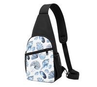 Bolso bandolera, bolso cruzado en el pecho, bolso en diagonal para viajes, senderismo, pecho, mochila, cinturón, unisex,Patrón de conchas azules sobre blanco