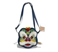 Bolso bandolera con cabeza de tigre, diseño de león bordado a mano con correa ajustable para el hombro, patrimonio cultural intangible, billetera de danza de león chino, azul oscuro