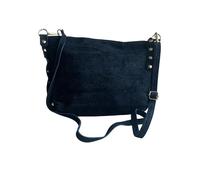 Bolso bandolera de ante italiano con tachuelas en los laterales. Correa ajustable e intercambiable. Cierre de cremallera. Interior forrado con bolsillo incorporado. Bolsillo trasero. (Negro)