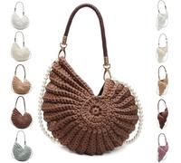 Bolso Bandolera de Crochet Artesanal en Forma de Concha con Correa de Perlas, Asa de Cuero y Herrajes Dorados, Clutch Boho Diseño Concha, Tote de Playa para Vacaciones de Verano(A brown)