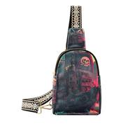 Bolso bandolera de cuero negro con diseño de barco pirata con bandera de calavera para mujer para viajes, Barco pirata con bandera de calavera negra, 1 size