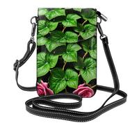 Bolso bandolera de cuero para teléfono celular, con estampado de flores, hiedra rosa con hojas, tamaño único, ajustable, para mujer, color negro