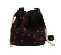 Bolso bandolera de moda para mujer y niña, con cordón, bolsa de playa con patrón de cerezas, Black