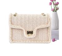 Bolso bandolera de paja para mujer - Detalle de perlas sintéticas, organizador de moda con cremallera | Diseño ligero y elegante, ideal para pasatiempos, citas de verano o elegantes viajes diarios