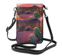 Bolso bandolera de piel con estampado de cactus y atardecer y desierto, para teléfono celular, ajustable, para mujer