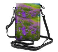 Bolso bandolera de piel con estampado escénico de flores moradas para mujer, diseño de prado y montaña