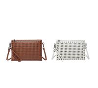 Bolso bandolera de piel sintética con remaches y bolso de hombro, elegante bolso de mensajero con tachuelas para mujer, Marrón+blanco B, 12.2x5.51x3.94inch
