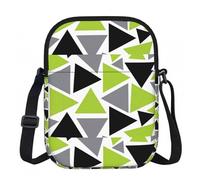 Bolso bandolera de poliéster con estampado de triángulos aleatorios en verde lima, gris y negro sobre blanco, con cremallera. Bolso de mano para mujer.