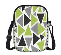Bolso bandolera de poliéster con estampado de triángulos aleatorios en verde lima, gris y negro sobre blanco, con cremallera. Bolso de mano para mujer.