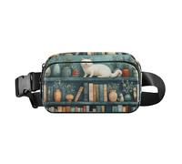 Bolso bandolera estilo vintage con diseño de perros Shih Tzu de dibujos animados para bañera, para mujeres y hombres, mini bolsa cruzada para viajes, Cozy Book Shelf Feline Haven Illustration, 1 size
