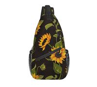 Bolso Bandolera Girasol Negro Hoja Floral Senderismo Mochila Bandolera Hombro Mochila Viaje Pecho Paquete para Hombres Mujeres
