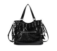 Bolso bandolera grande de estilo vintage con detalle de tachuelas y cierre de cordón, bolso cruzado de cuero para mujer de moda, Black, One Size