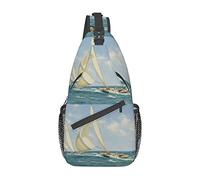 Bolso Bandolera marrón de Vaca Suiza Real con Paisaje de Barco, Bolso Cruzado de Pecho con Honda para Hombres y Mujeres, Utilizado para el Ocio y los Viajes
