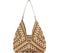Bolso Bandolera Mujer Grande Bolso Verano Bolso Paja Mujer Bolsa Playa Verano Bolso Tote Bag Bolsos Tejidos Crochet Bolso de Mano Bohemio Bolso Hombro Para Viaje Fiesta Vacaciones (Marrón)