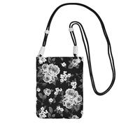 Bolso bandolera pequeño, cartera para teléfono móvil, bolso bandolera, bolso bandolera vintage con tulipán rosa blanca.,Negro