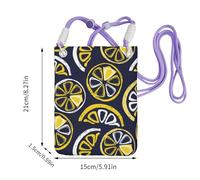 Bolso bandolera pequeño, cartera para teléfono móvil, bolso bandolera, diseño de limón dibujado a mano, rodajas de limón y frutas.,Morado
