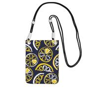Bolso bandolera pequeño, cartera para teléfono móvil, bolso bandolera, diseño de limón dibujado a mano, rodajas de limón y frutas.,Negro