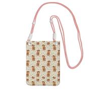 Bolso bandolera pequeño, cartera para teléfono móvil, bolso bandolera, diseño de vaca con flores de las Tierras Altas en color canela.,Rosa