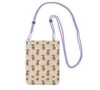 Bolso bandolera pequeño, cartera para teléfono móvil, bolso bandolera, diseño de vaca con flores de las Tierras Altas en color canela.,Morado