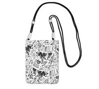 Bolso bandolera pequeño, cartera para teléfono móvil, bolso bandolera, diseño de vaca y leche dibujado a mano.,Negro