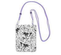 Bolso bandolera pequeño, cartera para teléfono móvil, bolso bandolera, diseño de vaca y leche dibujado a mano.,Morado