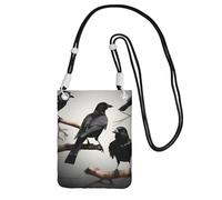 Bolso bandolera pequeño con estampado de cuervo negro con diseño de pájaros en una rama para teléfono celular, cartera con correa ajustable para mujer, Negro, Talla única