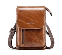 Bolso Bandolera pequeño de Piel auténtica Hengwin para Hombre y Mujer, riñonera para teléfono móvil, para iPhone/Samsung, Pasaporte, Cartera, Funda de Hombro, marrón, Grande